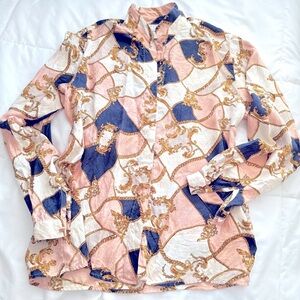 Petite Sophisticate Pink, Blue, and Gold Patterned Shirt